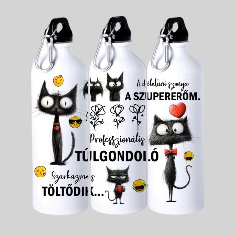 Fekete cica őszinte gondolatokkal kulacs