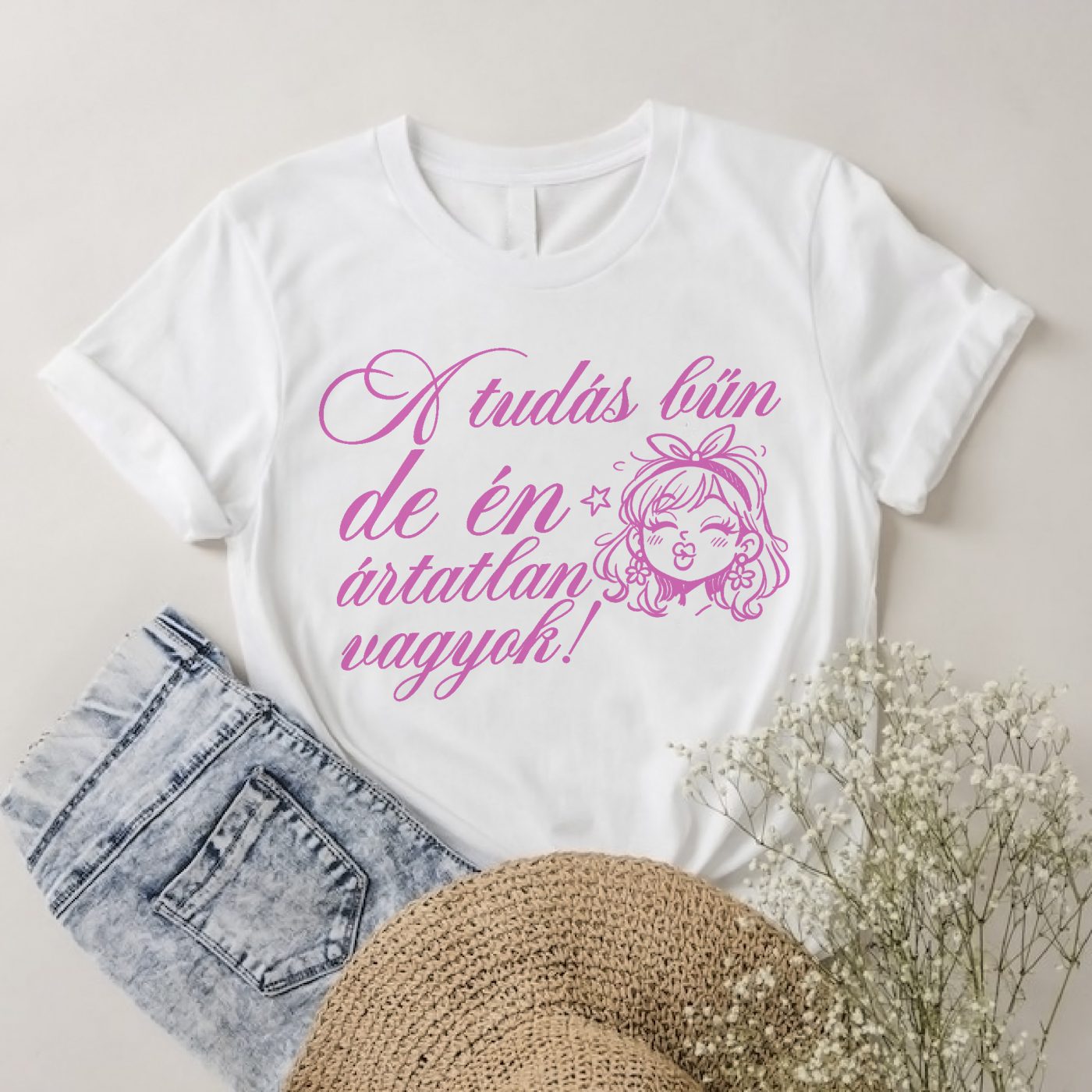 A tudás bűn de én ártatlan vagyok pink feliratos póló vagy pulcsi