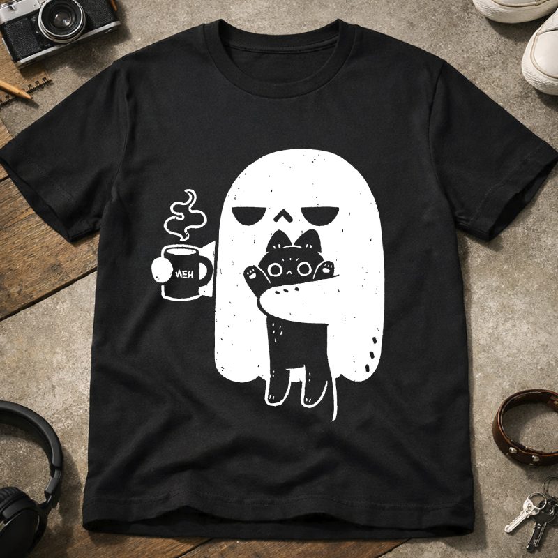 Szellemes póló kávéval és cicával