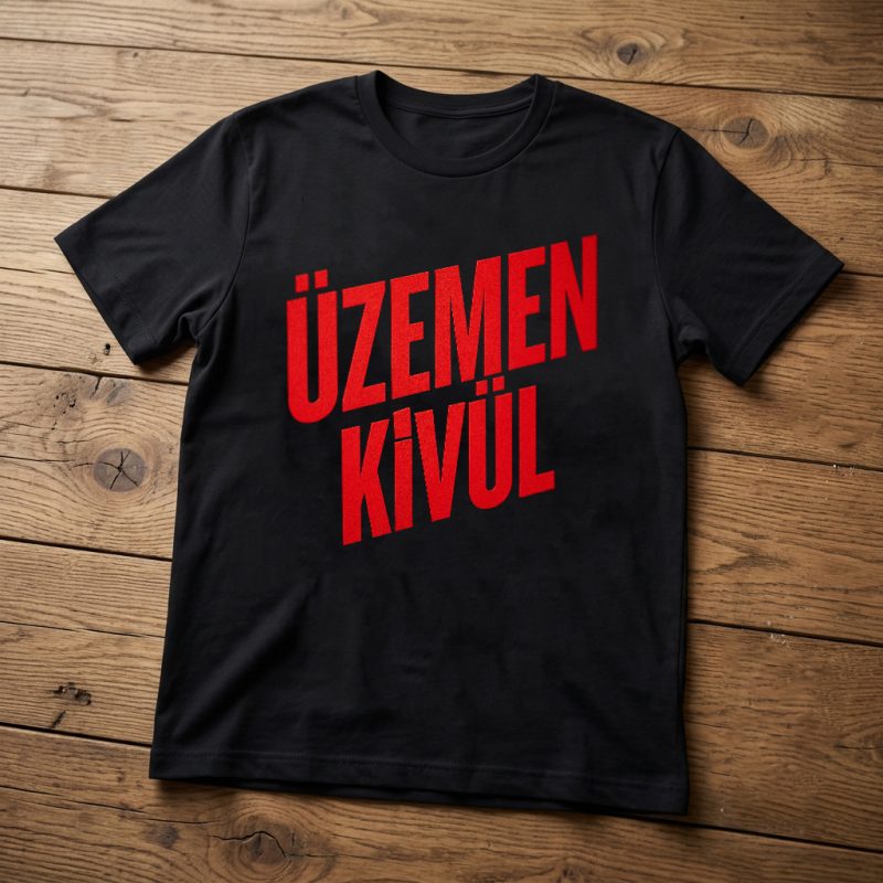 Üzemen kívül póló, piros felirattal