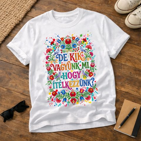 De kik vagyunk mi hogy ítélkezzünk póló, népi mintákkal