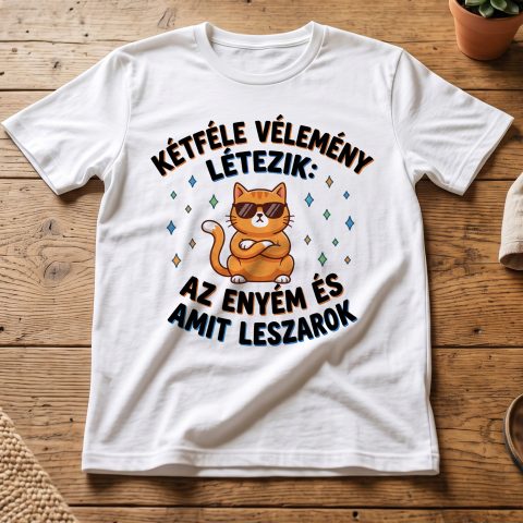 Kétféle vélemény létezik az enyém és amit leszarok póló, napszemcsis macskával